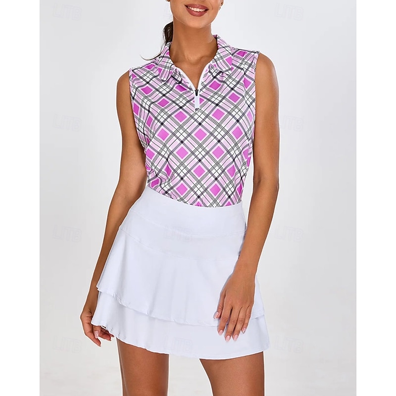 Women's Checkered Tennis Shirt Sleeveless Print UPF50+ Quick Dry Tennis Golf Badminton Zip Collar Tee Tshirt Top Purple Tennis Clothing4