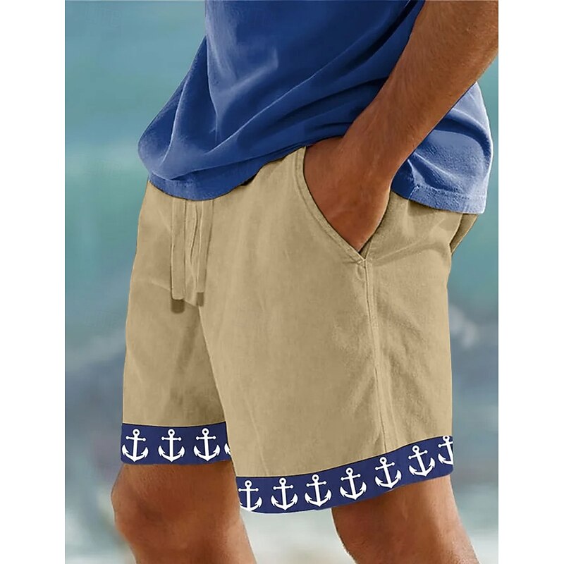 Men's Shorts Linen Shorts Summer Shorts Beach Shorts Drawstring Elastic Waist Anchor Comfort Breathable Knee Length Outdoor Daily Beach Vacation Fashion Black White3