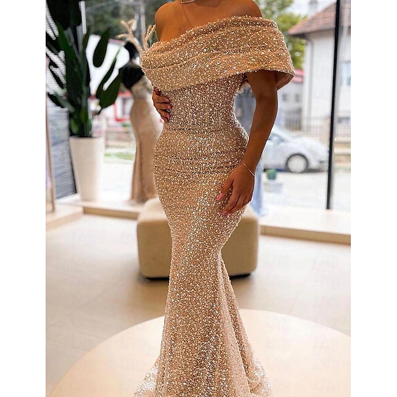 Gold Mermaid Sequined Evening Gown Elegant Dress Formal Floor Length Sleeveless Off Shoulder Masquerade Dress3