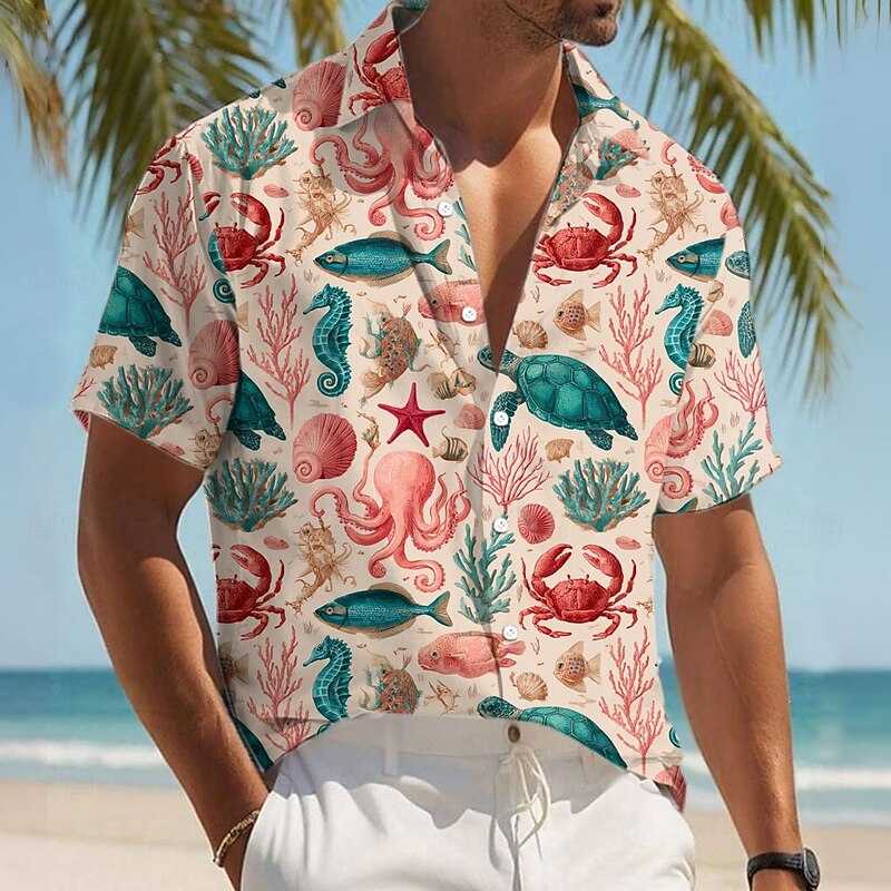 Men's Starfish Turtles Sea Creatures Shirt Summer Hawaiian Shirt Button Up Shirt Short Sleeve Hawaiian Resort Vacation Holiday Beach Wear Summer Spring Turndown 3D Print Collared Shirts Pink Apricot2