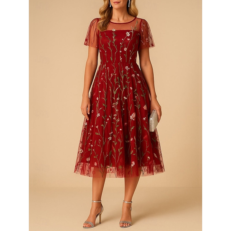 Women's Mini Dress A Line Dress Tulle Dress Elegant Party Cocktail Outdoor Party Wedding Guest Regular Fit Floral Short Sleeve Crew Neck Black White Red Blue Summer