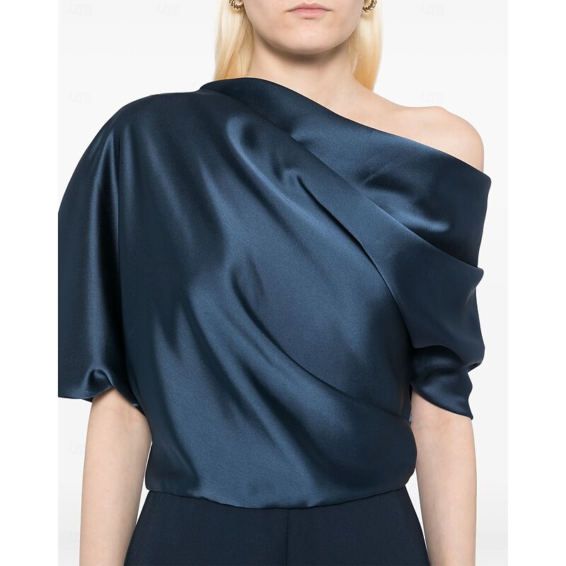 Jumpsuit Mother of the Bride Dress Wedding Guest Simple Minimalist One Shoulder Floor Length Satin Stretch Fabric Short Sleeve with Ruched2