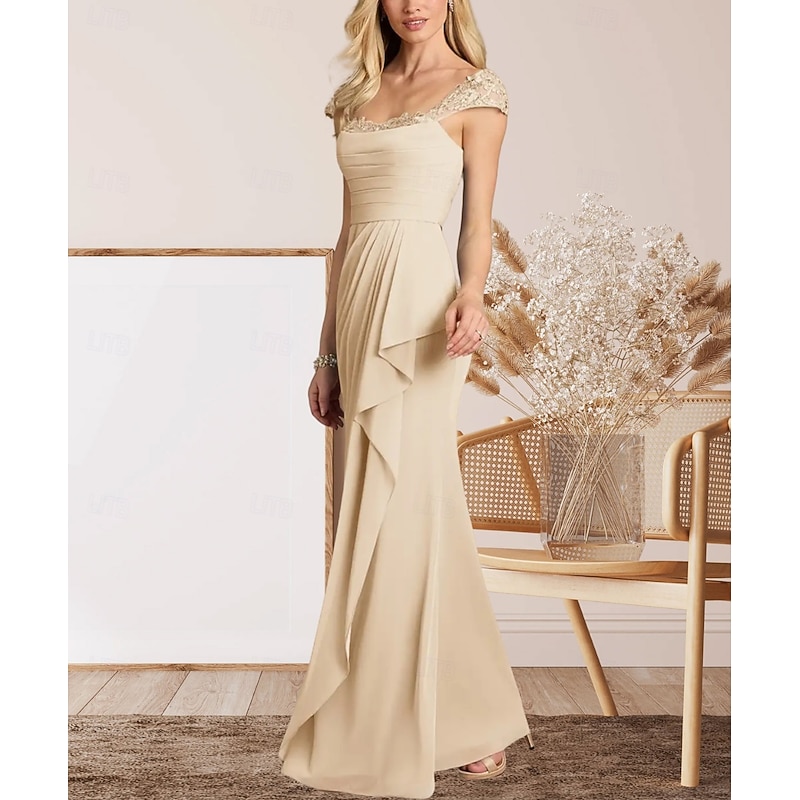A-Line Mother of the Bride Dress Wedding Guest Elegant Sweetheart Floor Length Chiffon Cap Sleeve with Lace Ruching4