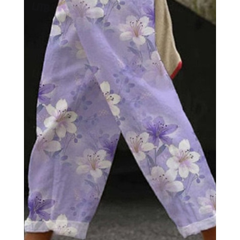Women's Linen-Inspired Pants Cropped Pants Harem Pants Streetwear Boho Ankle-Length Mid Waist Flower Elastic Waist Breathable Comfortable Micro-elastic Outdoor Daily Wear Purple Summer Regular Fit3