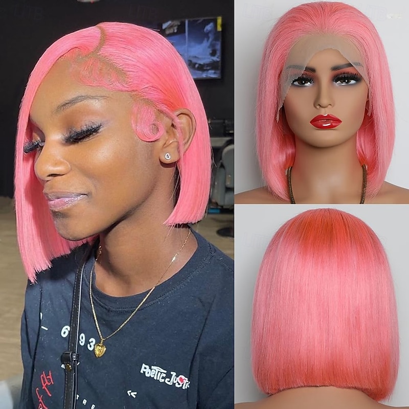 Pink# Human Hair Wig 13*4 Short BOBO Lace Wig Straight Human Hair 150% Density