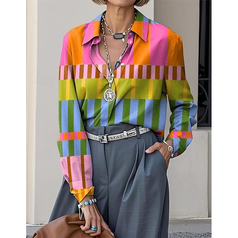 Women's Shirt Button Down Tunic Shirt Collar Long Sleeve Graphic Geometric Plaid Casual Regular Tops Work Daily s Print Black White Pink Blue Brown Spring Fall4