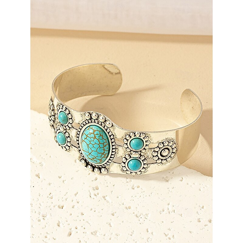 Women's Vintage Gold Cuff Bracelet with Turquoise Stones – Boho Style Adjustable Bangle for Ladies, Ideal for Casual Outfits, Parties and Summer Festivals4