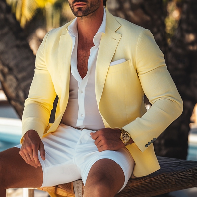 Men's Linen Blazer Sport Coat Summer Fashion Casual Solid Colored Blazer Yellow Standard Fit Single Breasted One-button