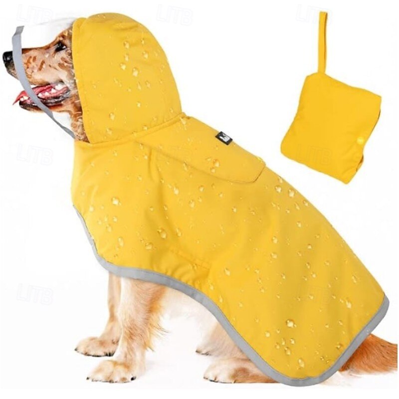 Dog Raincoat with Hood Collar Hole 100% Waterproof Ultra-Light Breathable Rainwear Rain Jacket with Safe Reflective Strips for Medium to Large Dog
