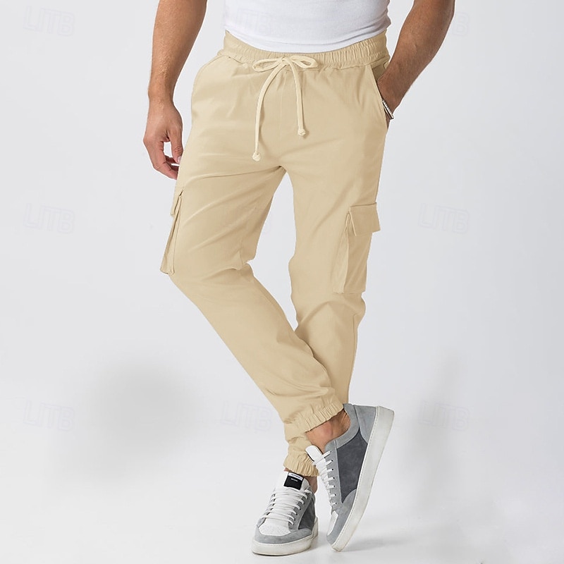 Men's Cargo Pants Joggers Trousers Drawstring Elastic Waist Multi Pocket Plain Wearable Outdoor Daily Camping & Hiking Fashion Classic Black White3