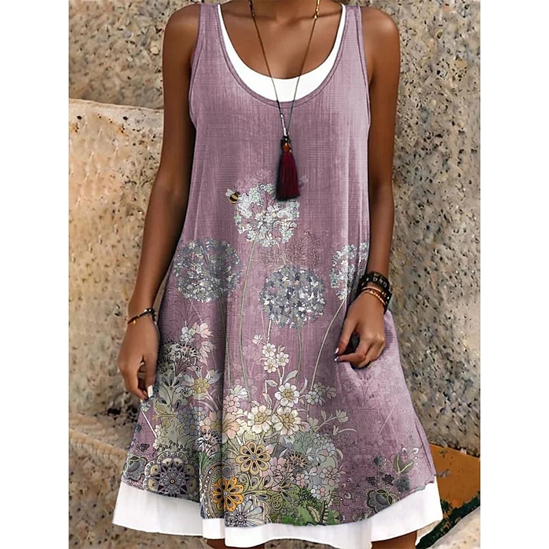 Women's Mini Dress T Shirt Dress Tee Dress Sundress A Line Dress Vacation Casual Boho Loose Fit Floral Graphic Sleeveless U Neck Scoop Neck Light Purple Summer Spring