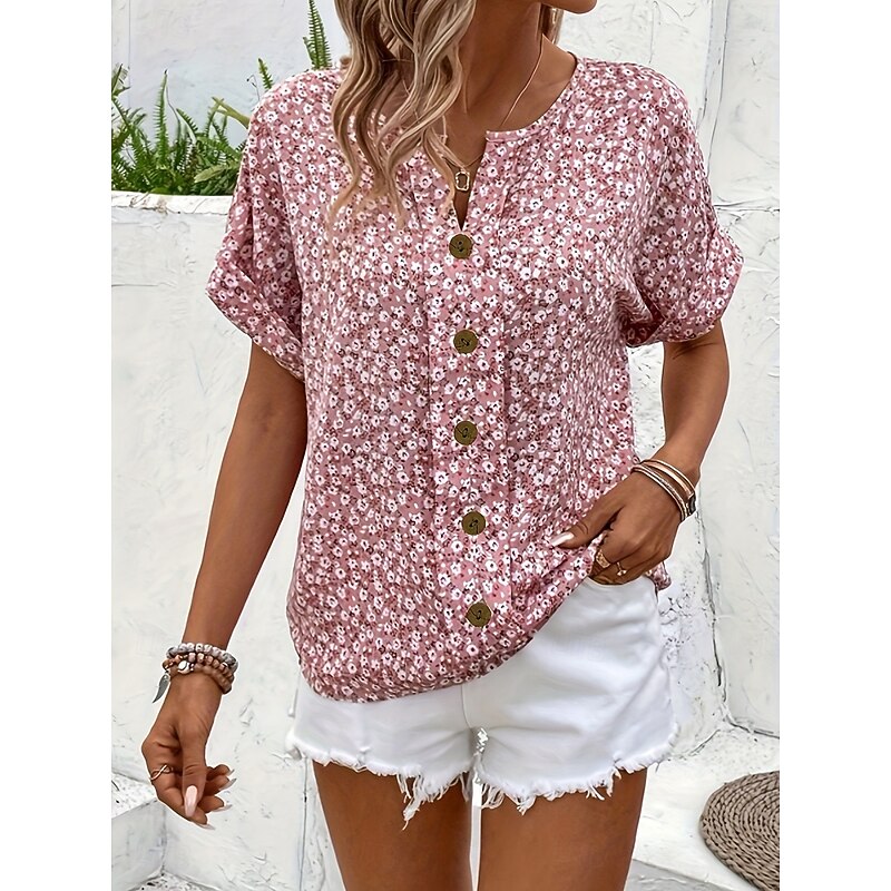 Women's Blouse Button Down Floral Stylish Casual Short Sleeve Crew Neck Regular Tops Daily Buttons Print Pink Navy Blue Orange Summer4