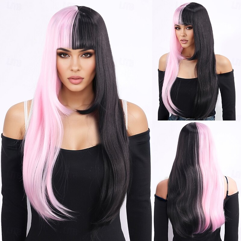 Synthetic Wig Curly Weave Natural Straight Layered Haircut With Bangs Machine Made Wig 26 inch A1 Synthetic Hair Women's Classic Comfortable Color Gradient Pink Black