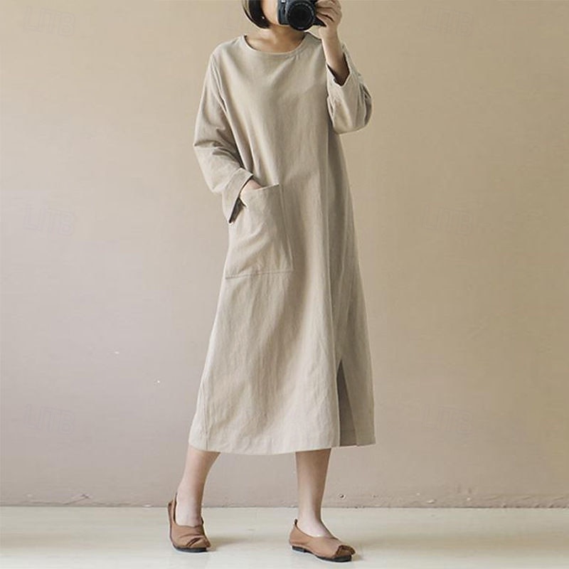Women's Midi Dress Cotton Linen Dresses Casual Dress Fashion Outdoor Party Holiday Regular Fit Plain Long Sleeve Crew Neck Black Wine Khaki Summer