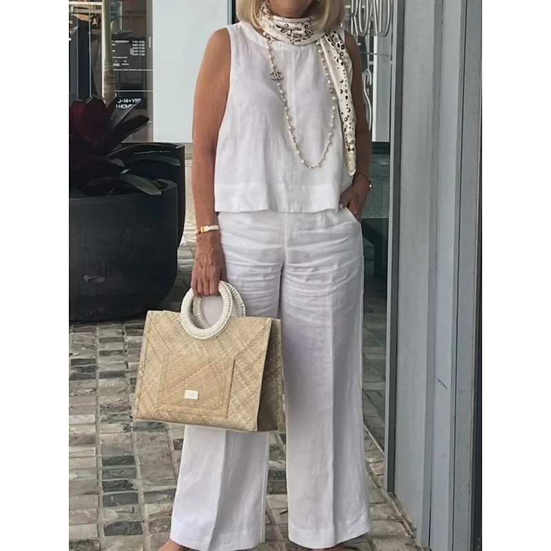 Women's Active Basic Cotton Linen Sets Sleeveless Crew Neck Solid Color Casual Daily Black White Yellow Summer Regular Fit