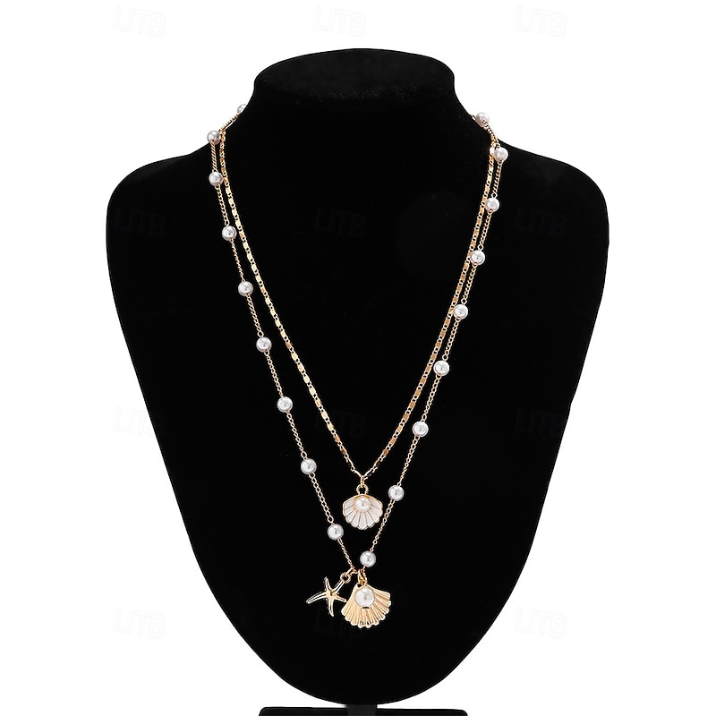 Women's Summer Beach Necklace with Pearl, Shell and Starfish Charms – Gold-Plated Layered Necklace for Vacation, Casual Outfits and Special Occasions4