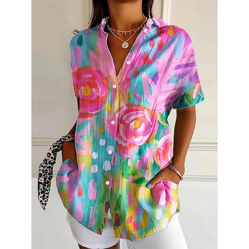 Women's Shirt Long Sleeve Button Down Blouse Floral Graphic Active Daily Stylish Short Sleeve Shirt Collar Regular Tops Daily White Red Fuchsia Summer Spring