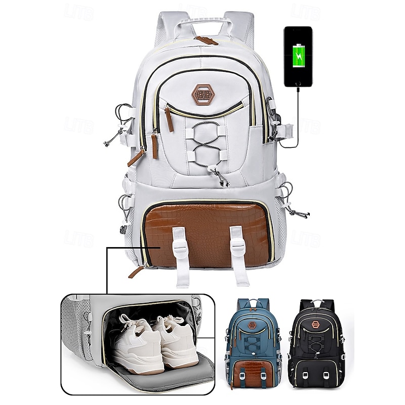 Men's Large Capacity USB Charging Backpack with Shoe Compartment, Water-Resistant Oxford School Bag for College Students and Outdoor Travel