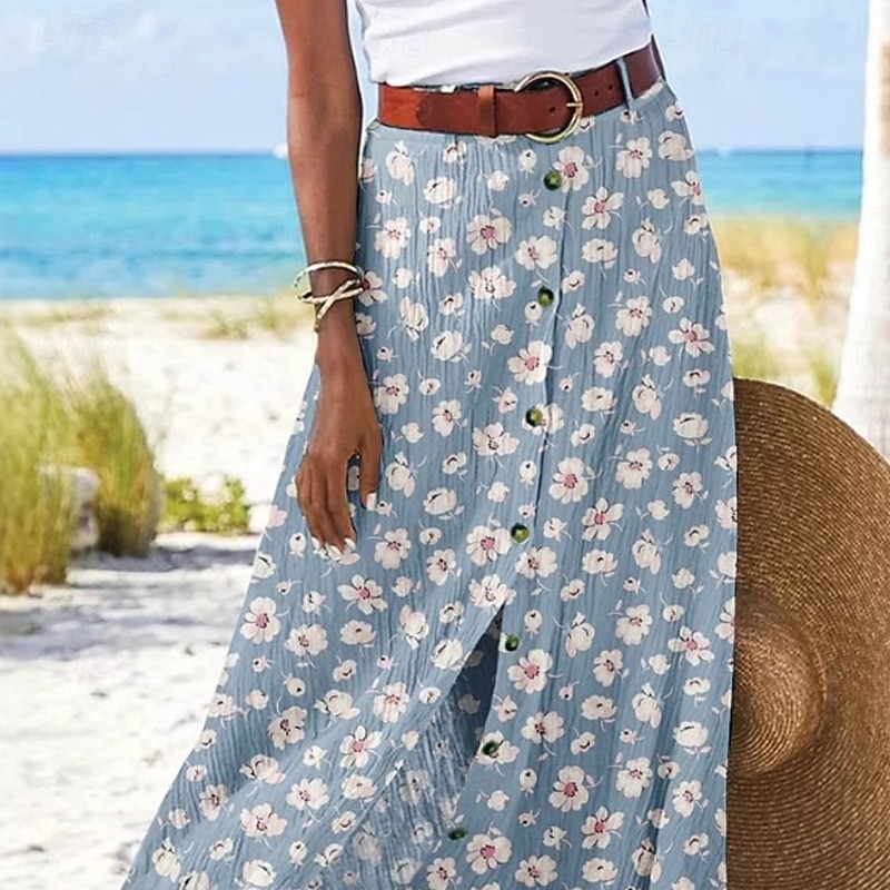 Women's Skirt Casual Boho Maxi Mid Rise Skirts Floral Print Split Ends Micro-elastic Street Going out Sky Blue Summer Polyester2