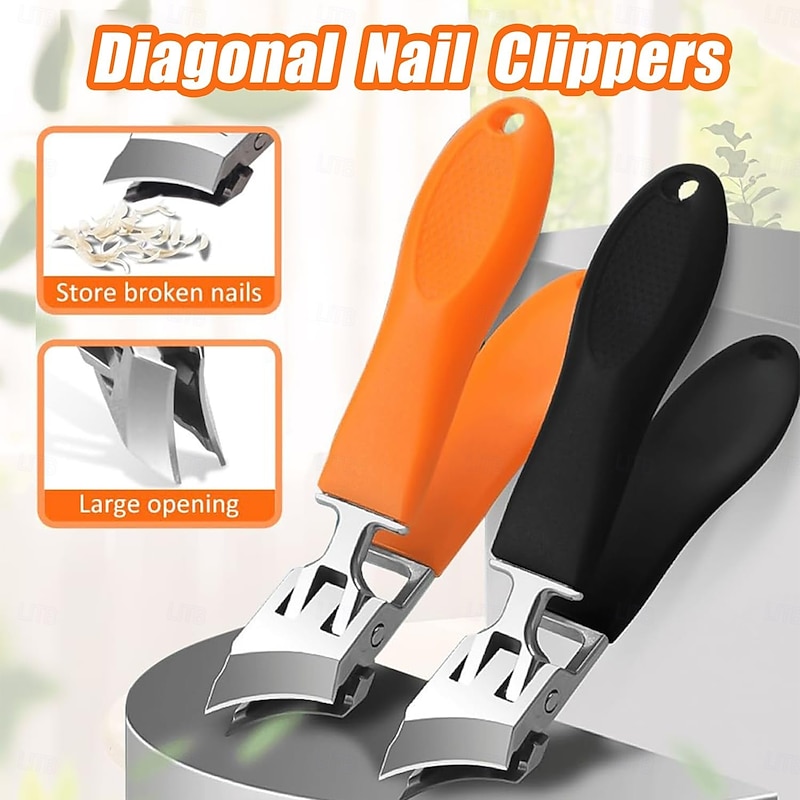 2pcs Wide Jaw Opening Anti-Splash Slanted Nail Clipper for Ingrown Nails Thick Toenails Long Handle No Splash Nail Trimmer Toenail Clippers for Women and Men (Orange & Black)2
