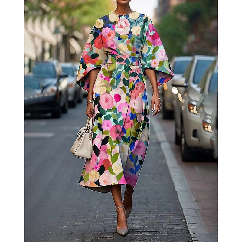 Women's Midi Dress Floral Dress Print Dress Fashion Classic Modern Vacation Daily Holiday Regular Fit Flower Half Sleeve Crew Neck Yellow Pink Blue Summer
