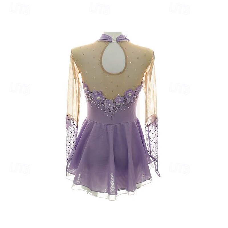 Figure Skating Dress Women's Girls' Ice Skating Dress Light Purple Patchwork Thumbhole Mesh Spandex Stretchy Training Practice Professional Skating Wear Thermal Warm Crystal / Rhinestone Long Sleeve2