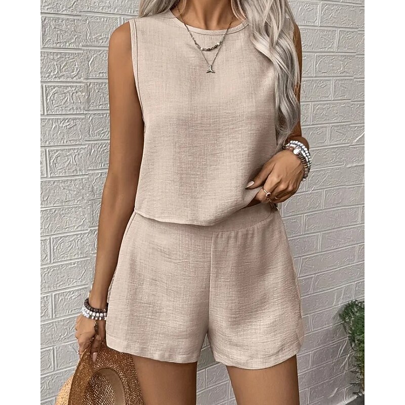 Women's Active Blouse Shorts Sets Sleeveless Crew Neck Solid Color Sequins Vacation Holiday Black White Navy Blue Summer Regular Fit4