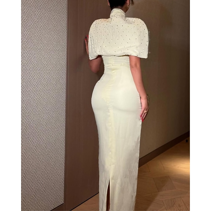 Cape Dress Crystal Mermaid / Trumpet Evening Gown Detachable Cape Elegant Dress Formal Semi Formal Wedding Floor Length Sleeveless Mock Neck Stretch Crepe4