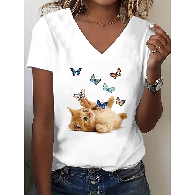 Women's T Shirt Summer Tops Cat Butterfly Classic Casual Short Sleeve V Neck Crop Tops Daily Weekend Print Rainbow Summer Spring Fall