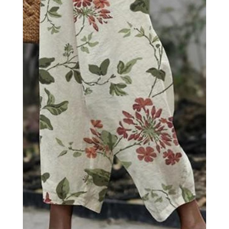 Women's Cotton Linen Pants Cropped Pants Streetwear Boho Ankle-Length Mid Waist Floral Elastic Waist Comfortable Daily Wear Going out White Summer Spring Regular Fit3