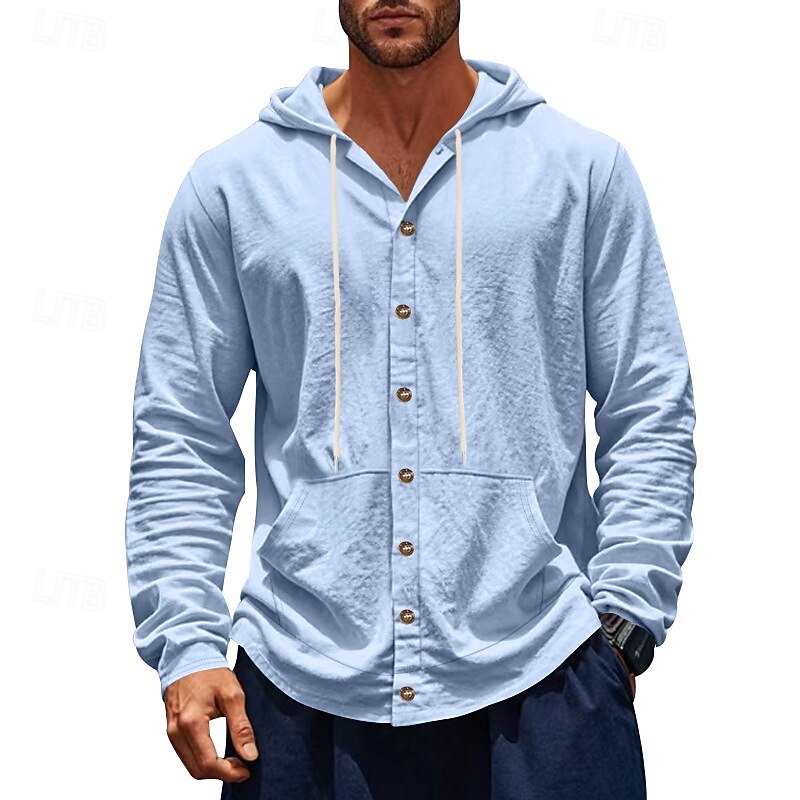 Men's Shirt Linen Shirt Summer Shirt Beach Wear Hooded Shirt Untucked Shirts Solid Color Vacation Street Black White Navy Blue Sky Blue Long Sleeve Hoodie Summer Spring Clothing Apparel3