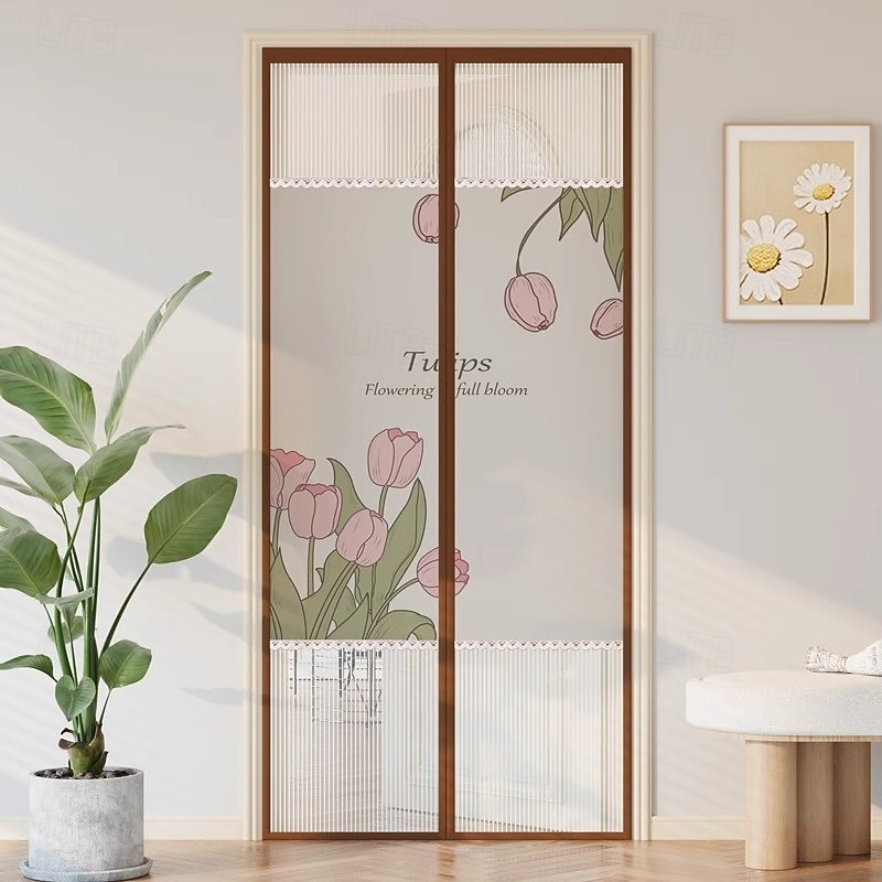 Flowers Magnetic Screen Door Heavy Duty Screen Door Mesh with Magnets, Privacy Door Curtain with Full Frame Tape,Automatical Closure, Easy Install3