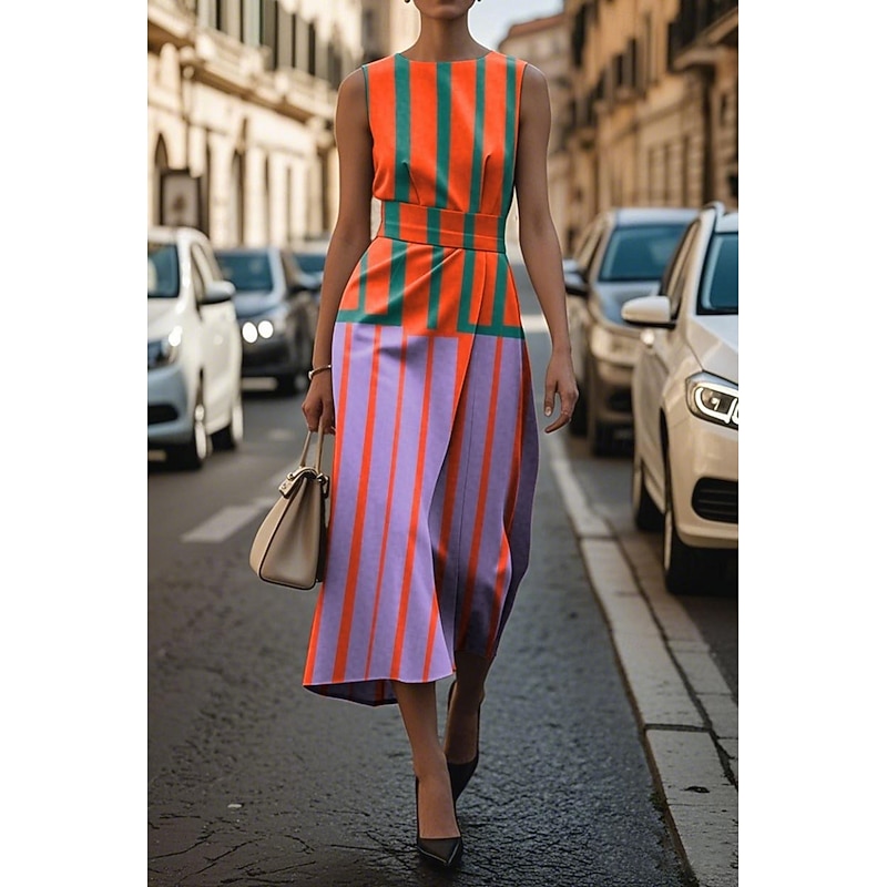 Women's Midi Dress Casual Dress Tank Dress Summer Dress Fashion Modern Daily Date Weekend Regular Fit Geometric Sleeveless Crew Neck Yellow Purple Orange Apricot Summer