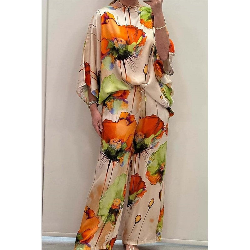 Women's 2 Pieces Vacation Streetwear Daily Pants Sets 3/4 Length Sleeve Crew Neck Floral Print Casual Daily Black Blue Orange Summer Regular Fit4