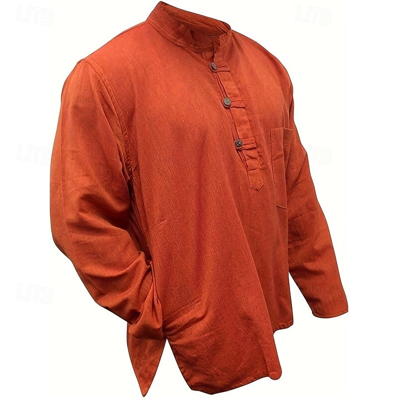 Men's Shirt Summer Shirt Casual Shirt Beach Shirt Button Up Shirt Black Yellow Orange Army Green Dark Blue Long Sleeve Plain Band Collar Vacation Hawaiian Clothing Apparel Polyester Fashion Casual