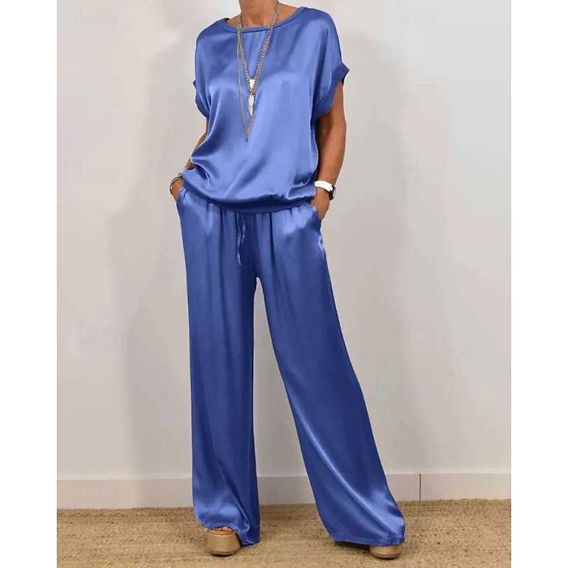 Women's Active Fashion Blouse Pants Sets Short Sleeve Crew Neck Solid Color Going out Weekend Black Blue Beige Summer Regular Fit