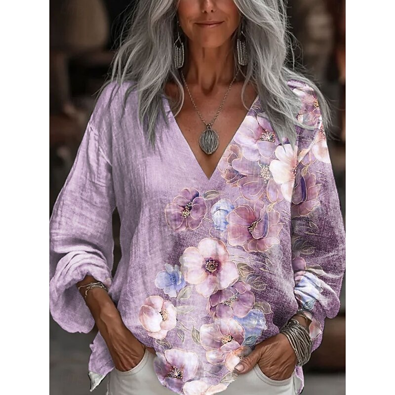 Women's Blouse Floral Graphic Stylish Casual 3/4 Length Sleeve V Neck Regular Tops Daily Blue Purple Green Summer Spring