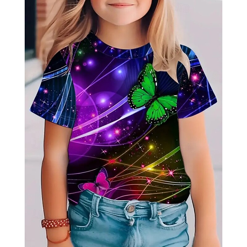 Kids Girls' T shirt Butterfly Outdoor Short Sleeve Crewneck Streetwear 4 years+ Summer Black Red Blue4