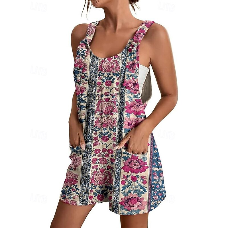 Women's Normal Jumpsuit Casual Floral Sleeveless Baggy Shorts Crew Neck Pocket Print Street Daily Regular Fit Pink Dusty Rose Navy Blue Summer2
