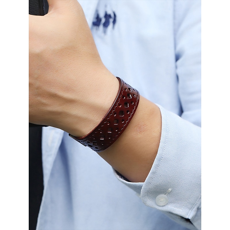 Men's Bohemian Genuine Leather Hollow Bracelet - Vintage Adjustable Cuff Wristband for Casual, Business and Holiday Wear