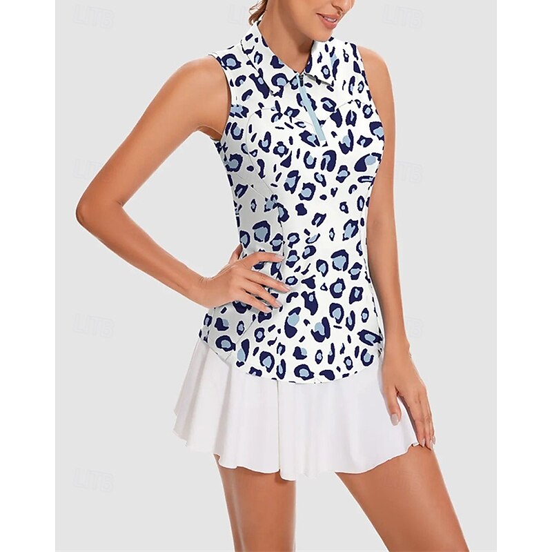 Women's Leopard Tennis Shirt Sleeveless Print UPF50+ Quick Dry Tennis Golf Badminton Zip Collar Tee Tshirt Top Blue Tennis Clothing4