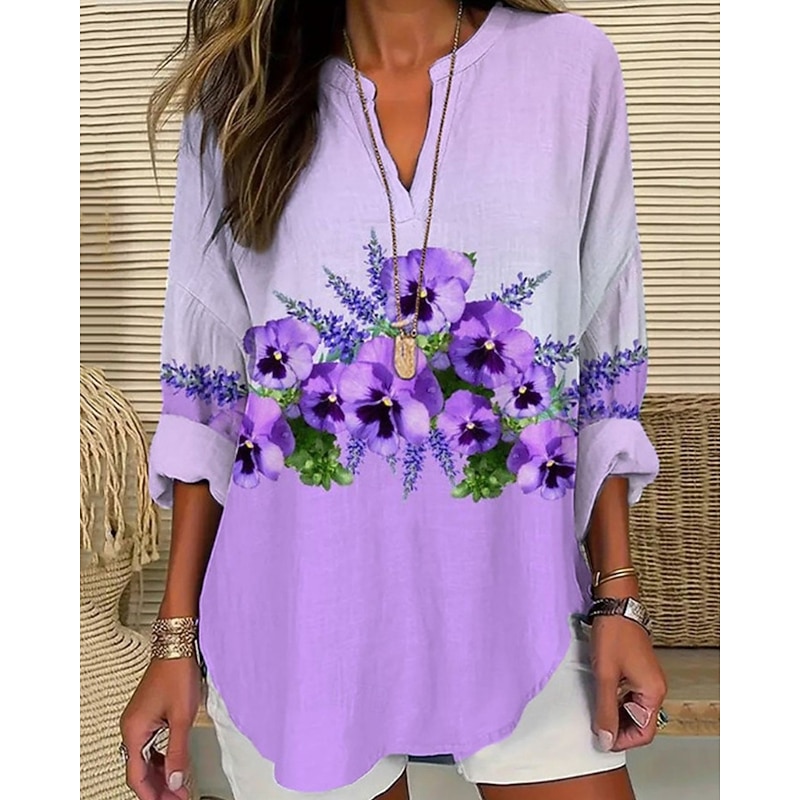 Women's Shirt Flower Daily Stylish Basic Long Sleeve V Neck Regular Tops Daily Holiday Print White Lavender Purple Spring Fall
