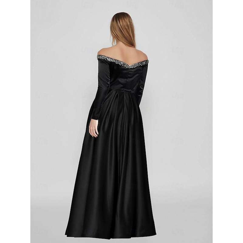 A-Line Evening Gown Black Dress Formal Masquerade Sweep / Brush Train Long Sleeve Off Shoulder Satin with Pearls Slit3