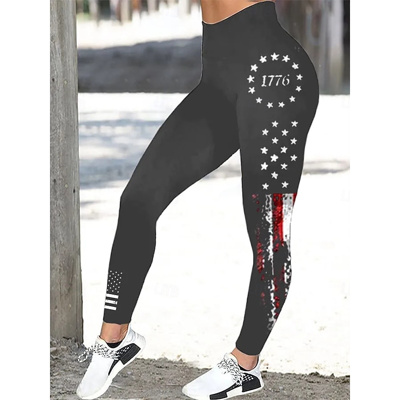 Women's Leggings Vacation Vintage Fashion Ankle-Length High WaistPantsAmerican Independence Day Graphic Flag Printing Thermal Warm Soft Breathable Stretchy Outdoor Daily Wine Black Blue ash-colored3