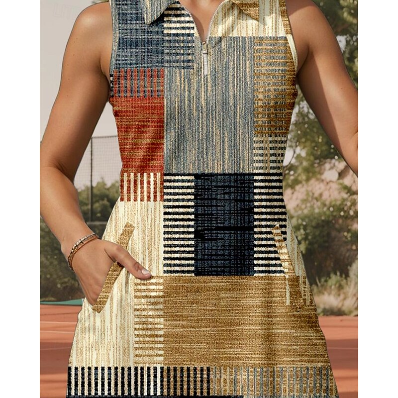 Women's Plaid / Check Tennis Dress Sports Dress Sleeveless Print Breathable Tennis Golf Badminton Polo Collar Zip Collar Dress Khaki Tennis Clothing3