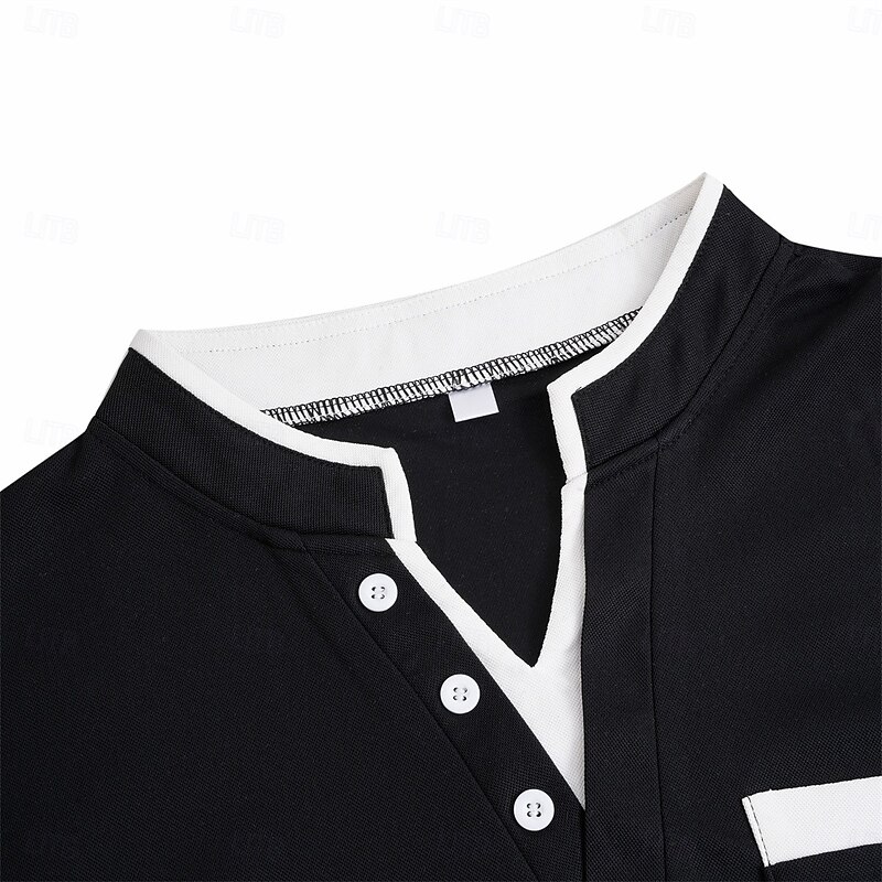 Men's Banded Collar Shirt Short Sleeve V Neck Notched Summer Spring Plain Fashion Basic Modern Buttons Fake two piece Street Casual Daily Black White Navy Blue Top Tee for Men3