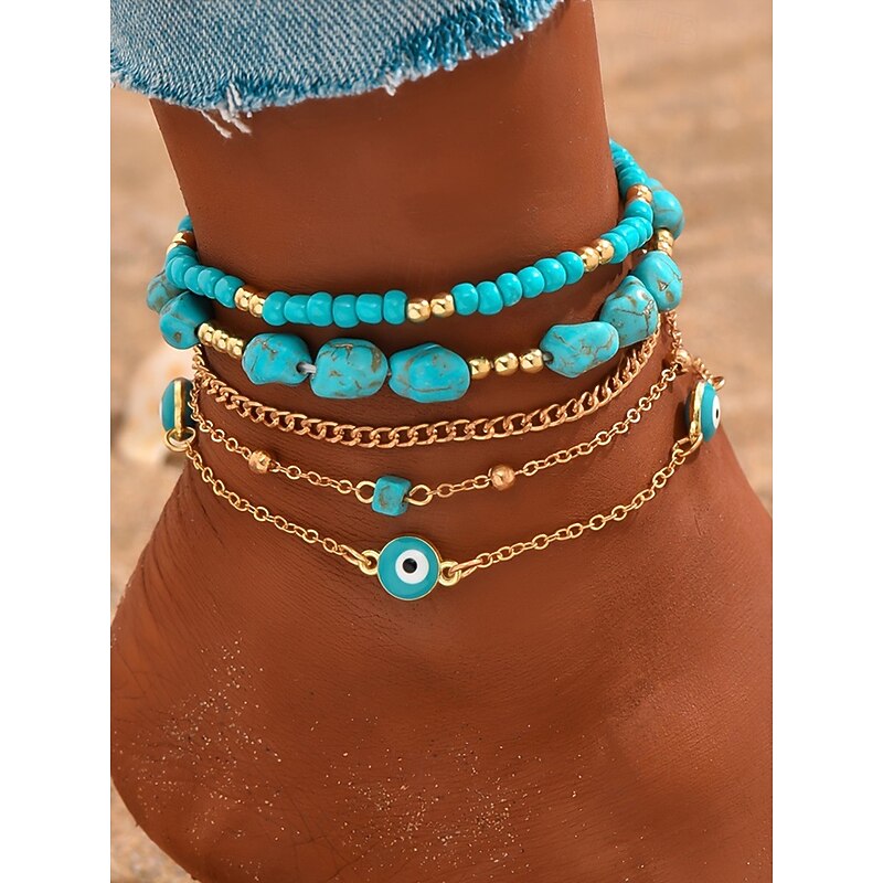 Turquoise and Gold Anklet Set for Women | Beach-Inspired Anklets with Evil Eye Charms and Stone Accents | Perfect for Summer, Bohemian and Vacation Style
