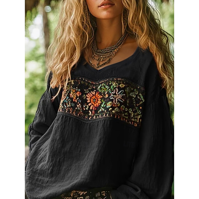 Women's Western Blouse Boho Shirt Blouse Flower Modern Casual Long Sleeve V Neck Regular Tops Daily Holiday Going out Print Black Fuchsia Orange Apricot Gray Summer Autumn2
