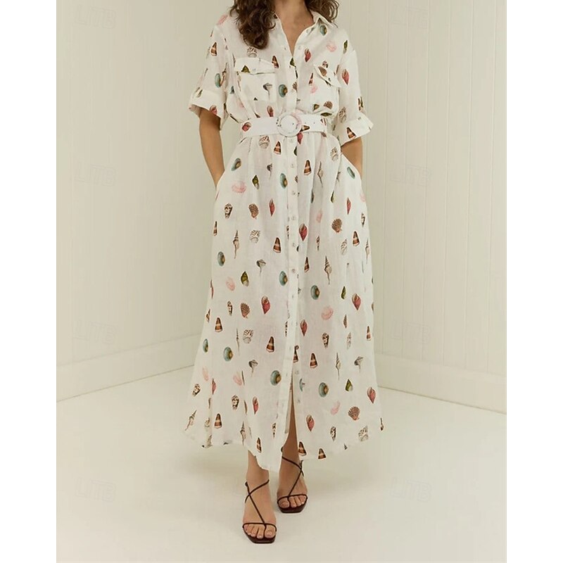 Women's Long Dress Maxi Dress Cotton Linen Dresses Casual Dress Fashion Outdoor Party Holiday Regular Fit Painting Half Sleeve Shirt Collar White Summer4