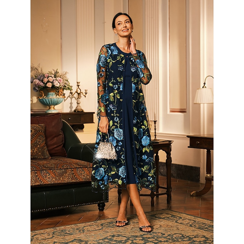 Women's Midi Dress Sheath Dress Dress With Jacket Elegant Cocktail Semi Formal Formal Party Wedding Guest Regular Fit Floral Long Sleeve Crew Neck Navy Blue Spring Fall Winter